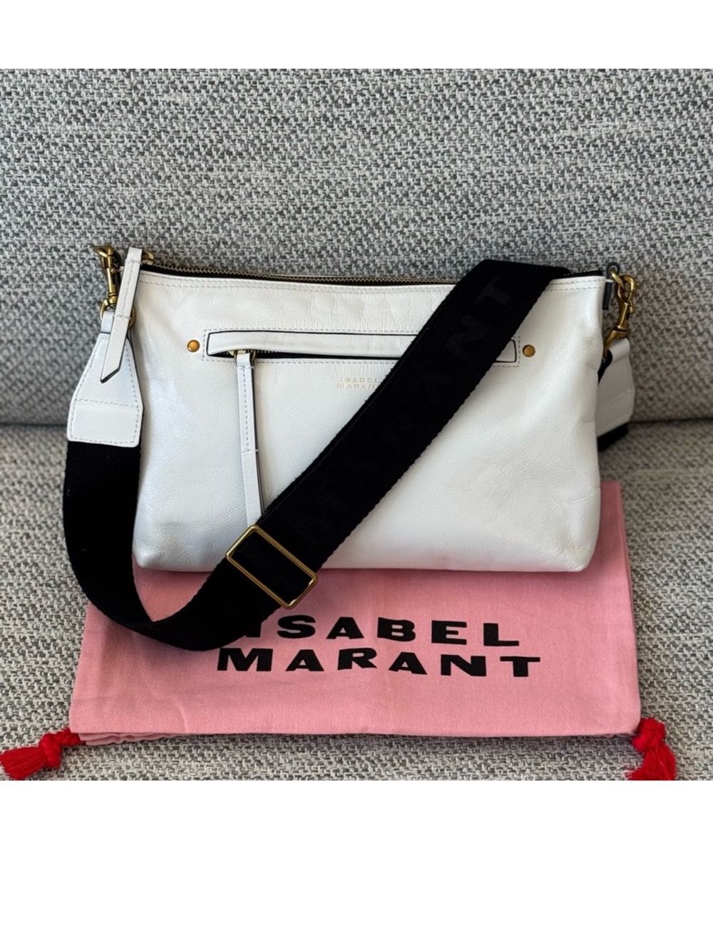 Isabel Marant White Leather Shoulder Bag with Black Strap